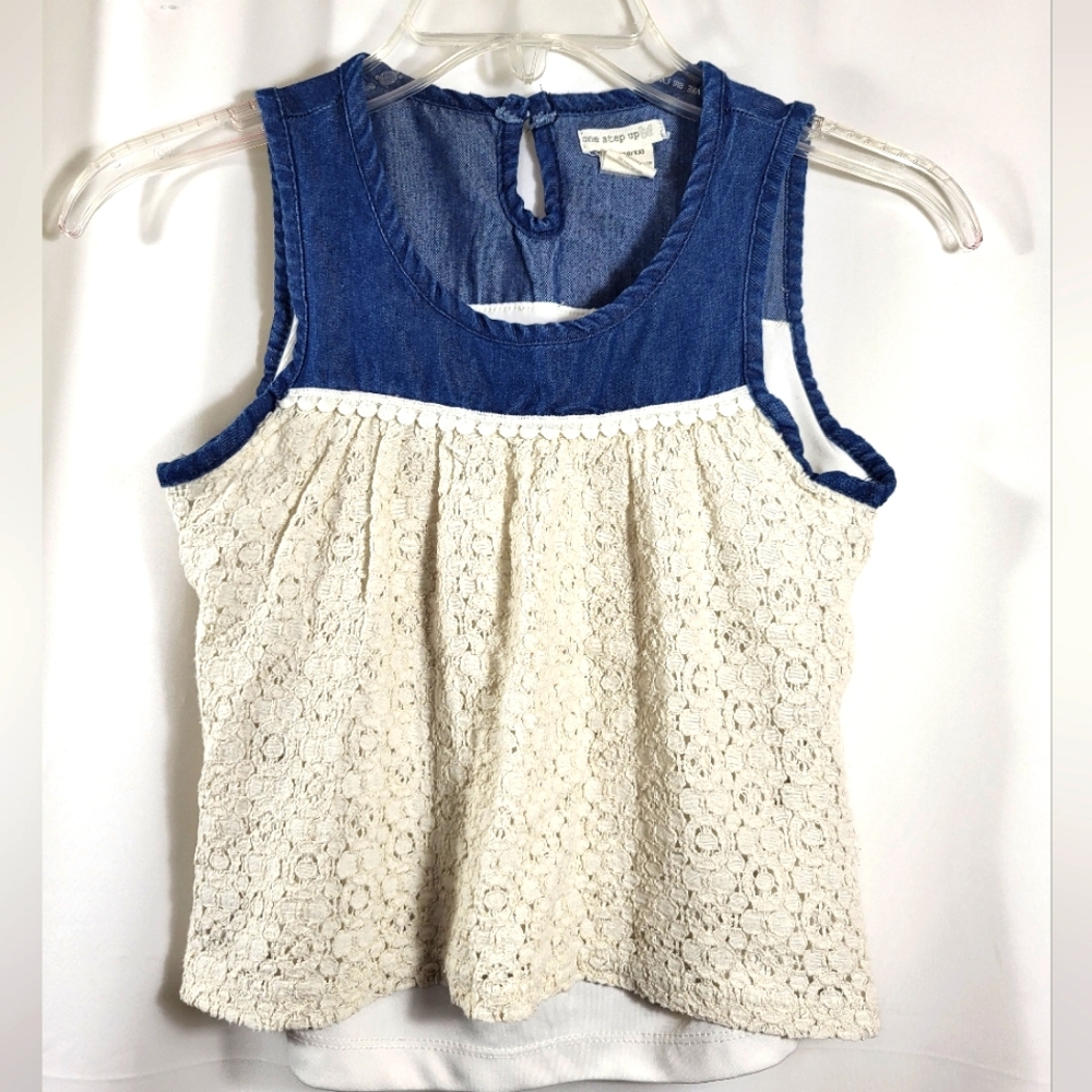 One Step Up blue denim and antique lace top girls M  #1687